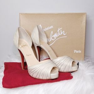 Louboutin Turbella 120 Cream Ruched Peep Toe SZ 37